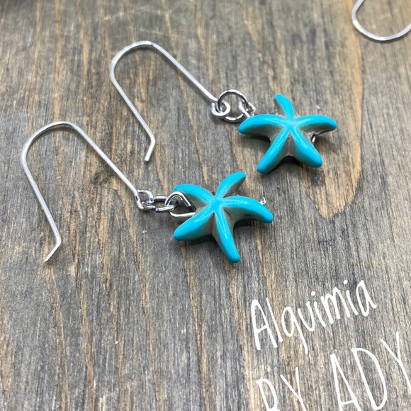 Summer Turquoise silver statement dangle earrings/starfish turquoise earrings - Picture 1 of 6
